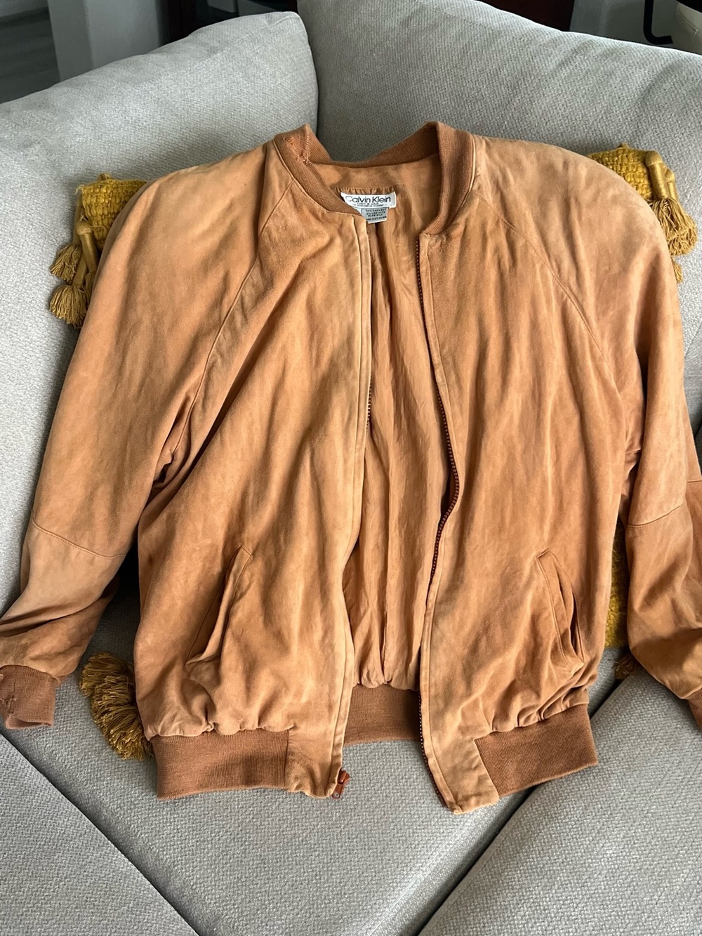 Calvin Klein Tan Suede Bomber Jacket - Soft Chestnut Tone